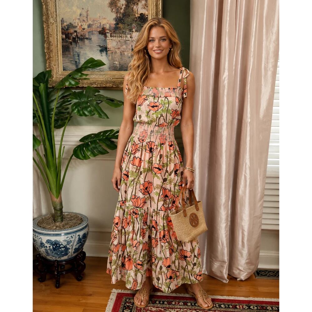 Tory Burch Poppies Tie Strap Midi Dress